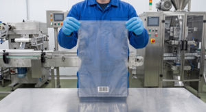 Embalagens plásticas para contato com alimentos em inspeção de qualidade industrial.