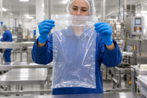 Profissional com luvas azuis inspeciona um saco plástico transparente em ambiente industrial.