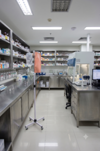 Capa fotoprotetora âmbar cobrindo bolsa de infusão em farmácia hospitalar, para medicamentos fotossensíveis