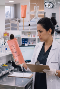 Profissional de saúde avaliando uma capa fotoprotetora para nutrição parenteral em bolsa de infusão.