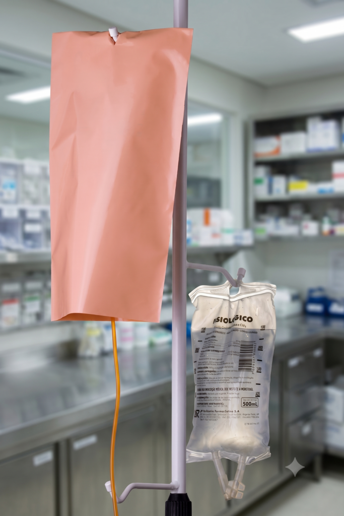 Suporte com capa fotoprotetora âmbar para bolsa de infusão em ambiente de farmácia hospitalar