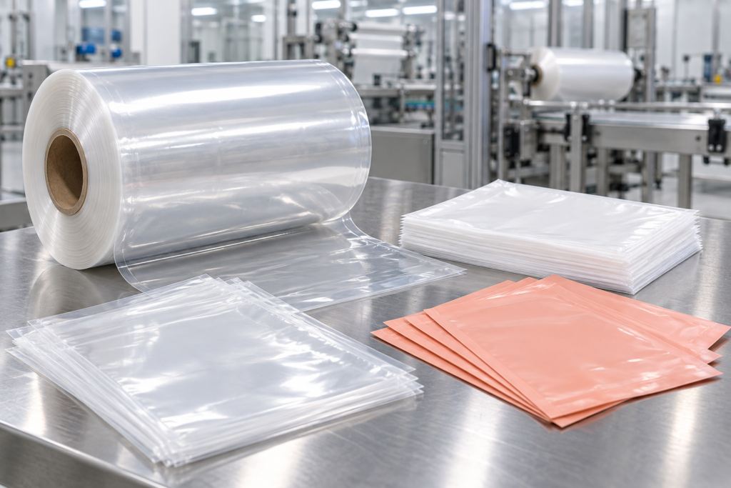 Bobina de filme plástico e amostras de embalagens transparentes, brancas e em tom salmão sobre mesa industrial.