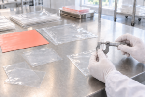 Mãos com luvas utilizam micrômetro para medir filme plástico sobre mesa com amostras transparentes e em tom salmão.