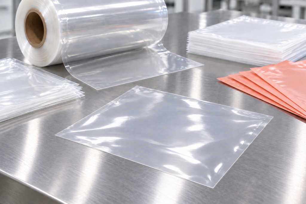 Saco plástico transparente com fechamento discreto sobre mesa de aço, ao lado de bobina e amostras de embalagens.